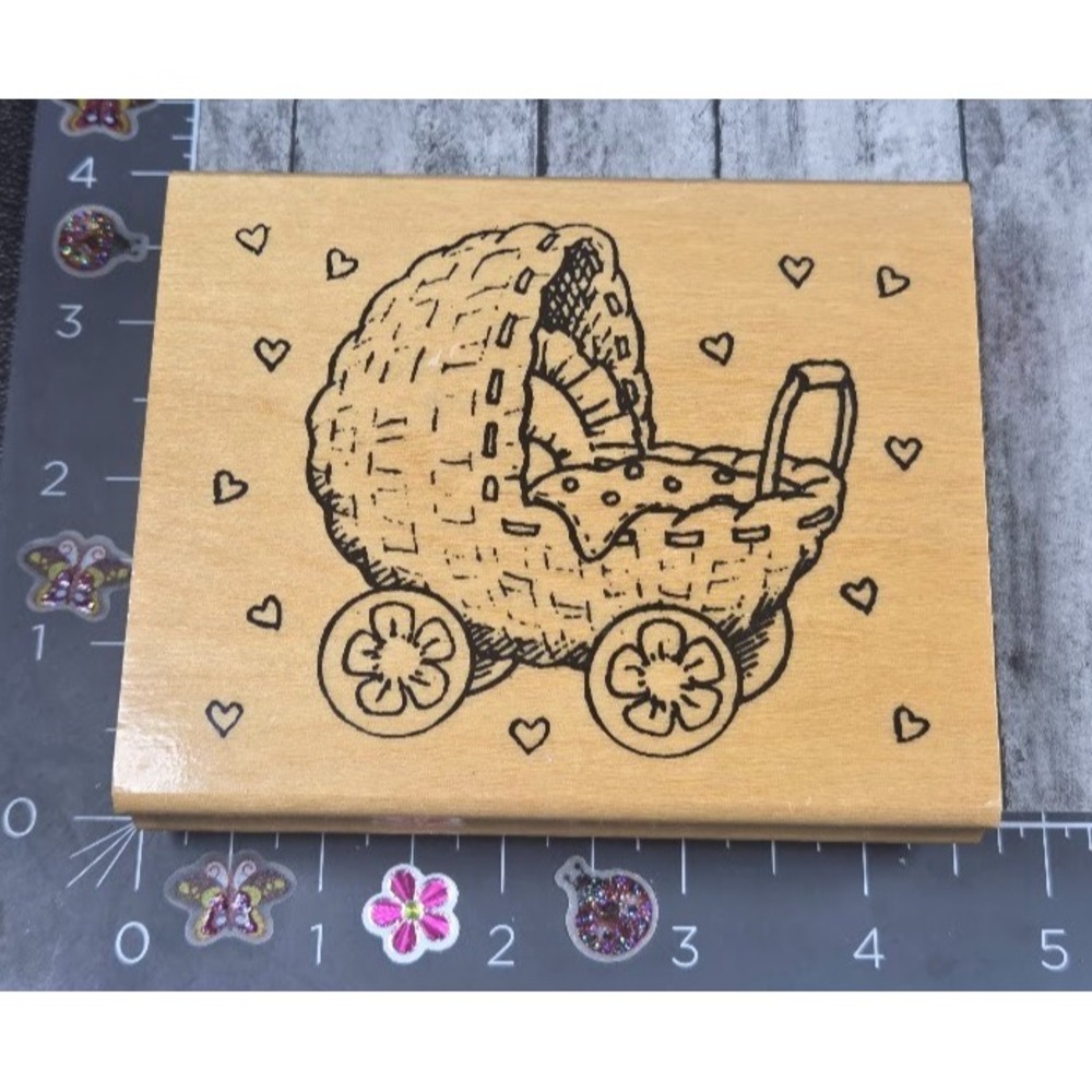 Anita's Baby Carriage Stroller Hearts Rubber Stamp Wood #F21